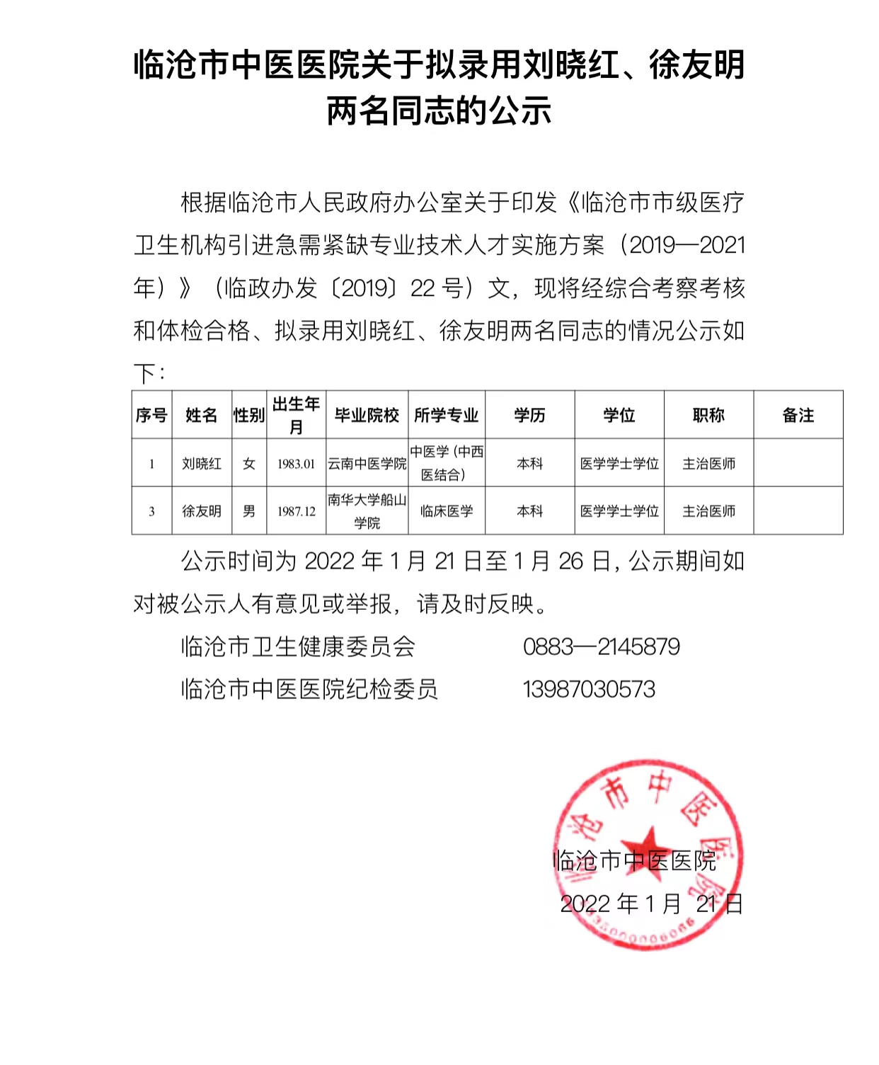 關(guān)于擬錄用劉曉紅、徐友明兩名同志的公示